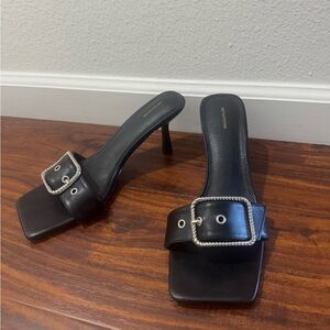 Prettylittlething Faux leather silver buckle Black Heeled Sandal Mules